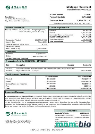 Tajwan Land Bank of Taiwan wyciąg z kredytu hipotecznego w formatach Word i PDF